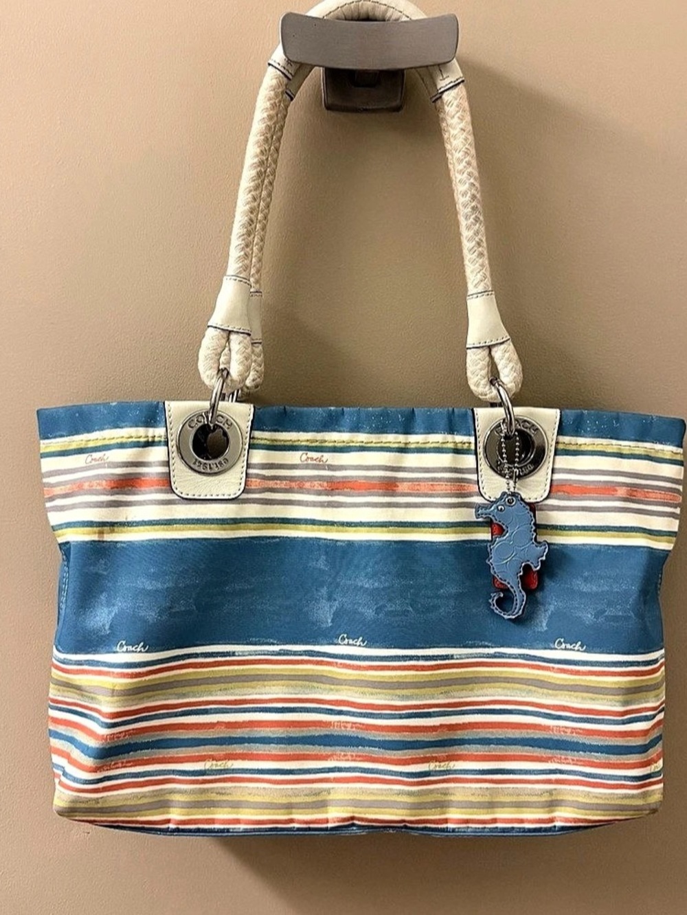 Coach Nautical Beach Multicolored Stripe East West Tote Blue & White